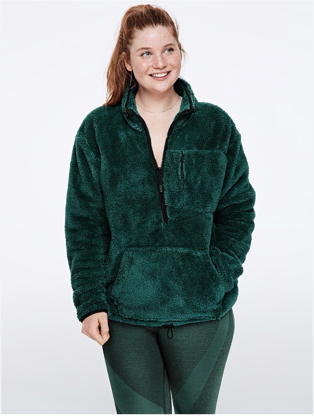 PINK Victoria’s Secret Sherpa Fleece Pullover Jacket Green XL